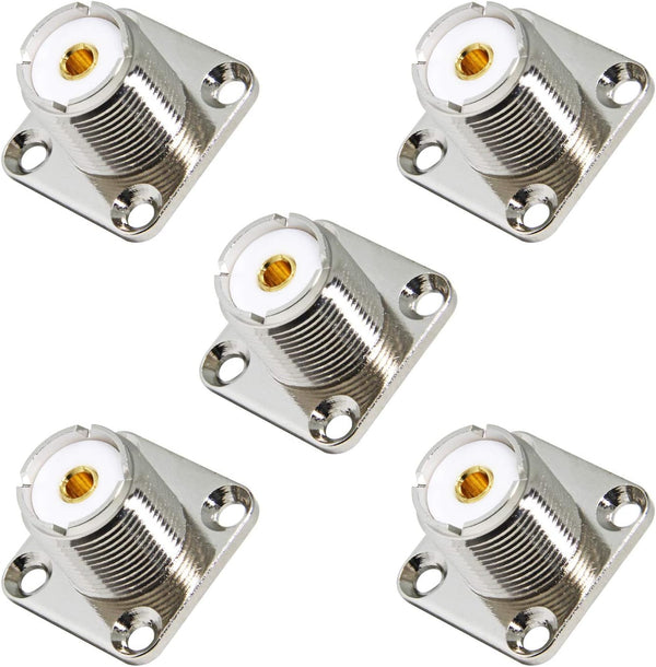 UHF Panel Mount 5-Pack Female SO239 Chassis Mount 4-Hole Jack Flange Solder Cup RF Coax Connector for J Pole Antenna