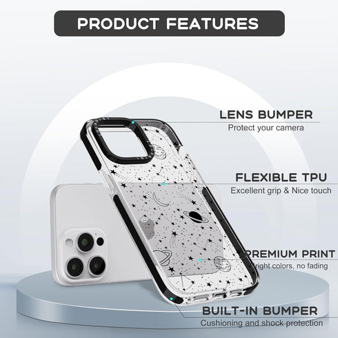 Cute Stars Cosmic Asteroid Moon Print Case for iPhone 14 Plus, Kawaii Design Girly Aesthetic Cartoon Pattern, Soft TPU,