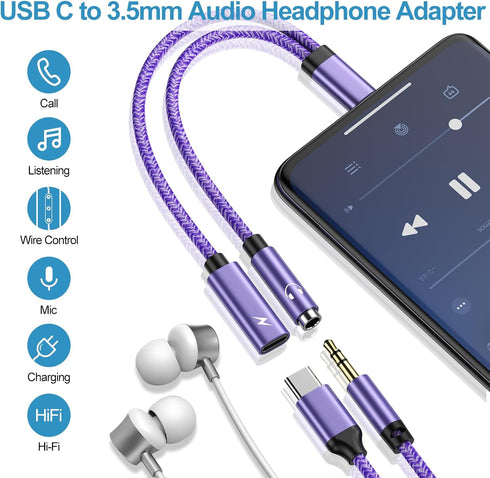 USB C to 3.5mm Audio Headphone & Android Phone Charger Adapter, 2-in-1 Type C Dongle Cable & 60W Fast Charging for