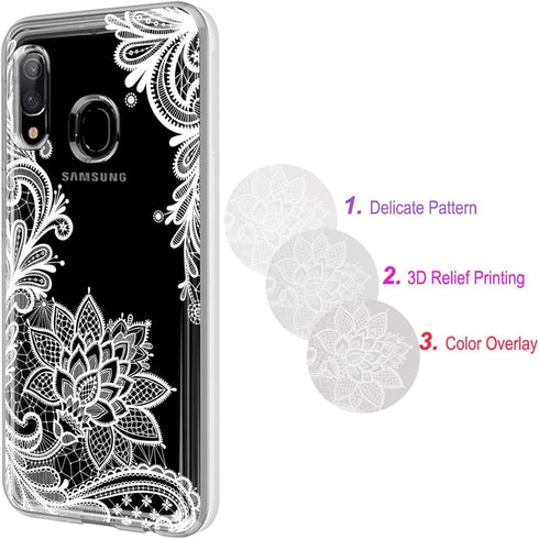 for Galaxy A20 Case - Shockproof Clear Floral Soft TPU Slim Phone Cover for Samsung Galaxy A20, White Mandala