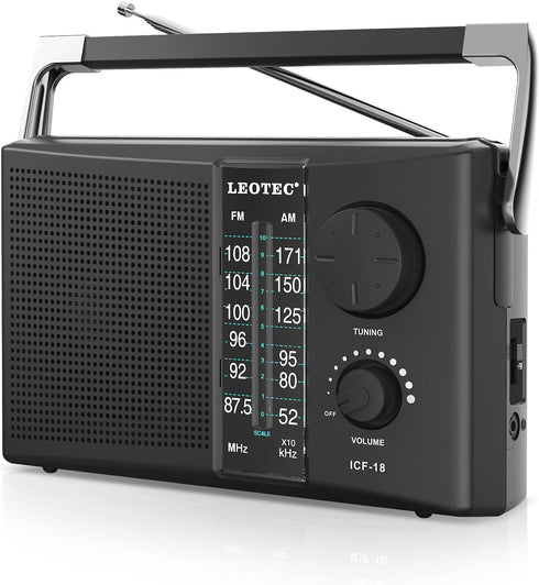 LEOTEC Portable AM FM Radio with Best Reception, Battery Operated or AC Power, Black