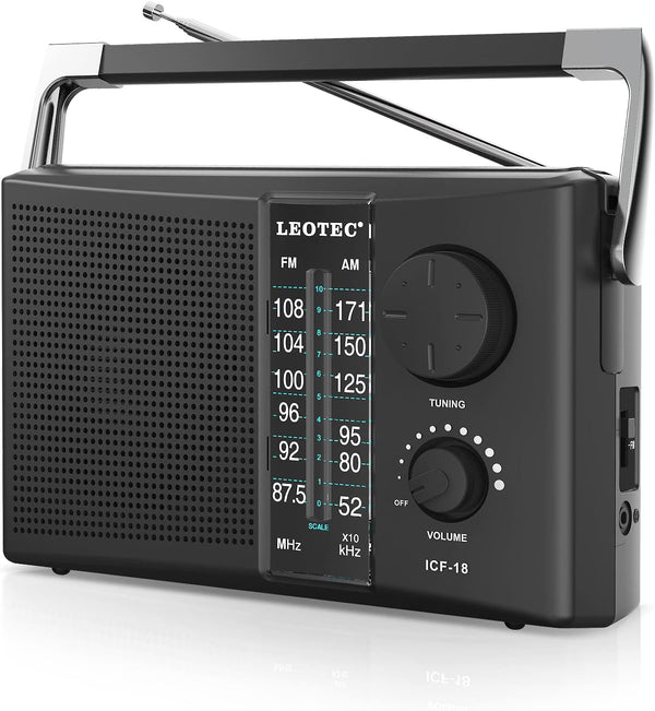 LEOTEC Portable AM FM Radio with Best Reception, Battery Operated or AC Power, Black