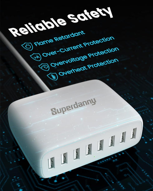 USB Charger Station, SUPERDANNY 8-Port Desktop Charging Station for Multiple Devices, Compatible with iPhone