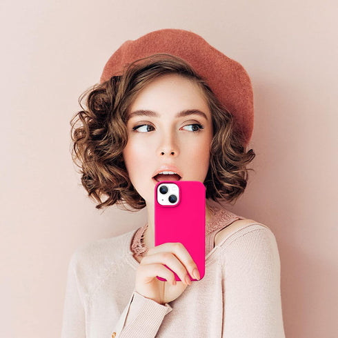 DOMAVER iPhone 13 Case - Hot Pink Silicone Soft Gel with Microfiber Lining for Cushion Protection.