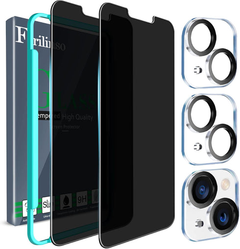 Ferilinso Privacy Screen Protector for iPhone 13/14 - 2 Pack, 9H Anti-Spy Tempered Glass & Camera Lens Protectors.