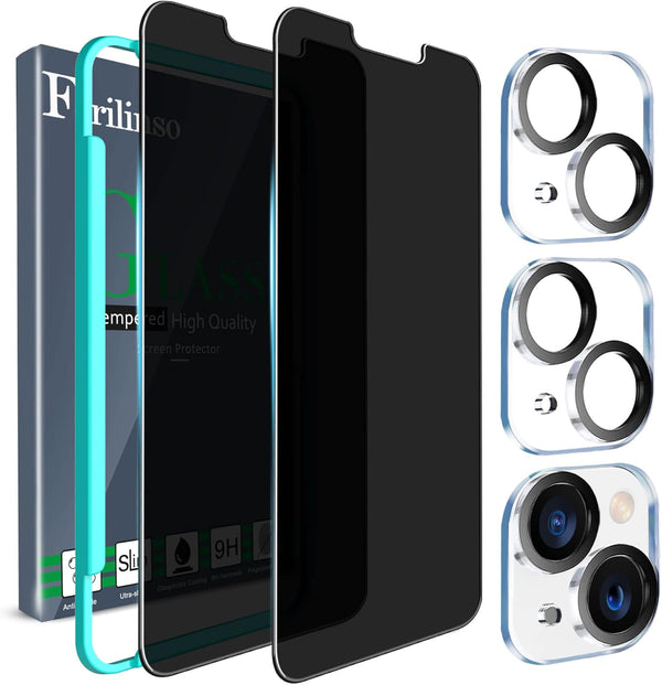 Ferilinso Privacy Screen Protector for iPhone 13/14 - 2 Pack, 9H Anti-Spy Tempered Glass & Camera Lens Protectors.