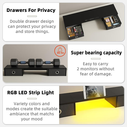 2 2 YAOHUOO Dual Monitor Stand with LED Light Drawers, Computer Monitor Riser for Monitors, Large Desktop Organzier
