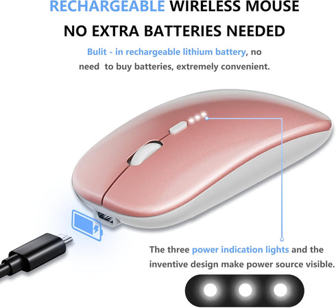 Slim Rechargeable Wireless Silent Mouse – 2.4G Wireless & Bluetooth Technology - Flexible Connection Modes via Bluetooth, USB or Type C for Laptop/PC/Mac/iPad/Computer (Rose Gold)
