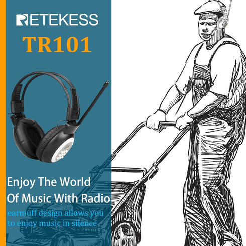 Retekess TR101 FM Radio Headphones, Headset for Mowing, Digital Wireless Radio for Mowing, Walking, Riding, Powered by AA Battery (Pack of 1)