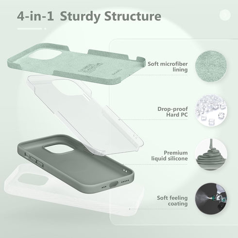 GONEZ iPhone 14 Case, Calke Green Liquid Silicone, 6.1", Shockproof, with 2X Screen & Camera Lens Protectors.