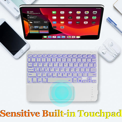 Wireless Bluetooth Keyboard, 10-inch Ultra-Slim 7 Color Backlight Keyboard with Touchpad, Rechargeable Portable
