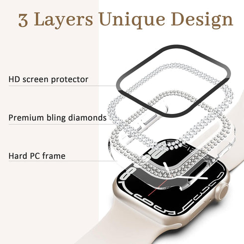 Bling Case with HD Screen Protector for Women, Compatible with Apple Watch 40mm, Diamond Protective Face Cover, PC