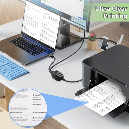 5FT Dual Computer Printer Cable Splitter - USB B to A for Inkless Printers & Scanners