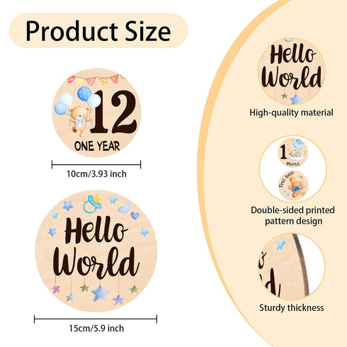 13 Props(0-12 Baby Monthly Milestone Cards - Double-Sided Wooden Milestone Signs Discs with Bear & Star Designs, Little