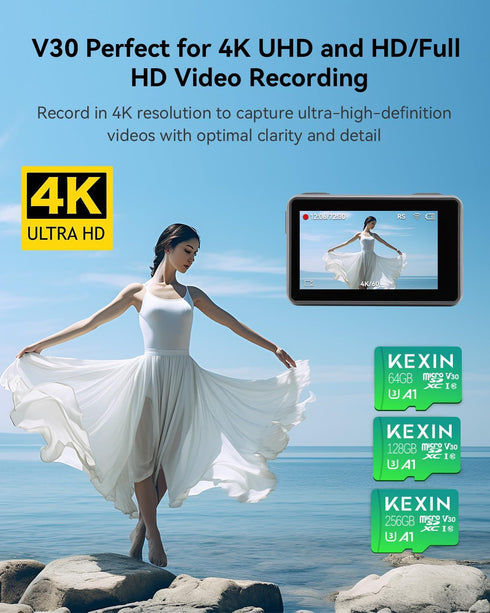 KEXIN 128GB Micro SD Card with Adapter - Up to 90MB/s 4K, V30, A1, C10, 4K UHD High Speed microSDXC UHS-I Memory Card Compatible with Action Camera Drone Game Console Smartphone Tablet,128G,Single