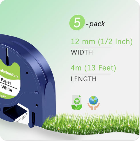 UNOKA Label Tape for Dymo Label Maker Refills, 1/2" x 13ft, White Paper, 5 Pack
