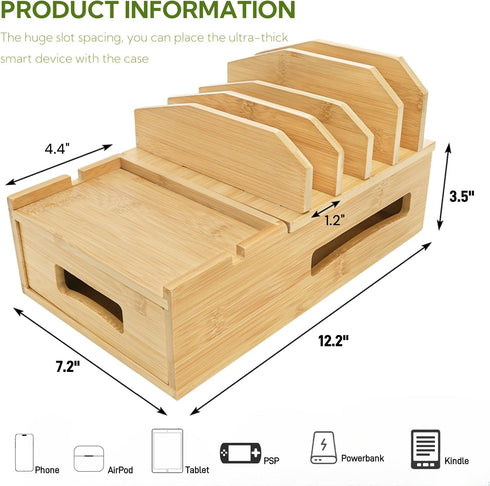 ZOOFOX Bamboo Charging Station for Multiple Devices, Desk Docking Station with Removable Divider Slots and Drawer