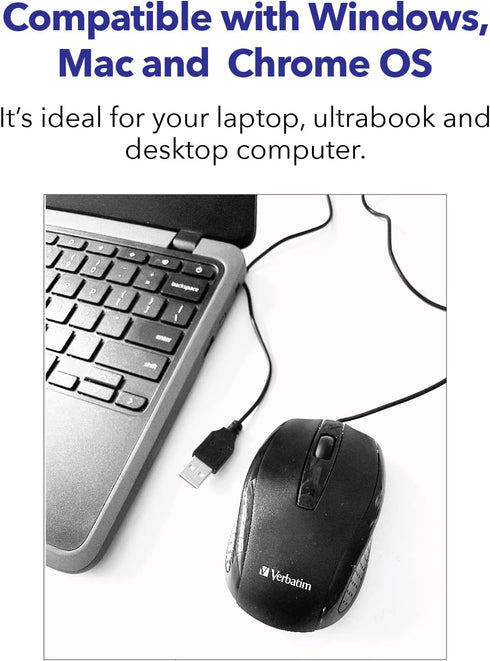 Verbatim Wired USB Computer Mouse - Corded USB Mouse for Laptops and PCs, Black