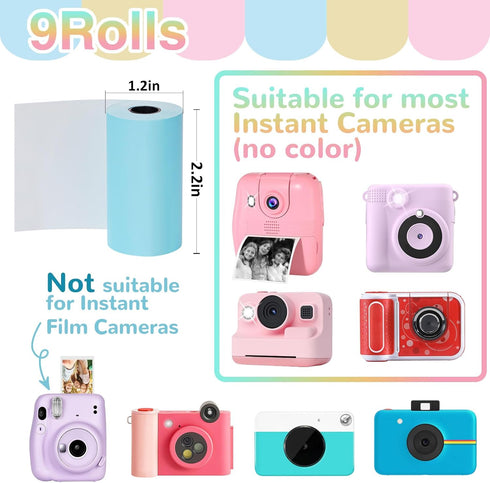 9 Rolls Kids Instant Camera Print Refill Paper for Instant Print Camera Favors, Blue, Pink, Yellow