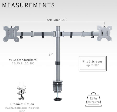 VIVO Dual Monitor Desk Mount, Heavy Duty Adjustable Steel Stand for 2 Screens up to 30 inches, Gray Color