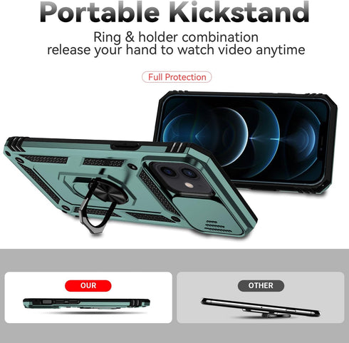 iPhone 12 Mini Case with Camera Lens Cover, Dual Layer Military Grade Drop Protection, Magnetic Ring Holder