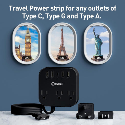 European Plug Adapter, Unidapt US to UK Power Strip with USB C and 4 USB Ports, 3 AC Outlets, 5ft Extension Cord