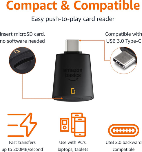 Amazon Basics 3.0, 200MB/s, Micro SD Card Reader USB-C High Speed Data Transfer up to Compatible with Smartphones