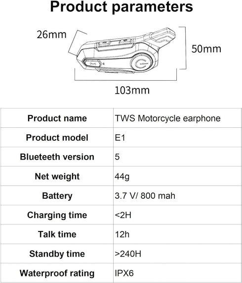 Motorcycle Bluetooth Headset E1 - 2 Riders Wireless Dirt Bike Helmet Intercom with CVC Noise Cancellation, Stereo