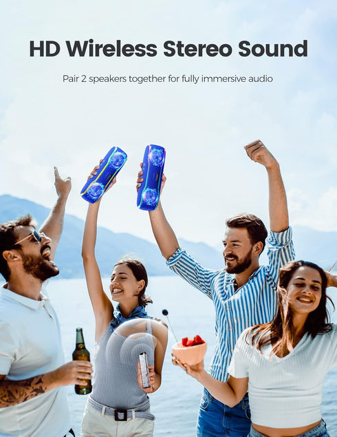 ERKEISEHN Bluetooth Speaker, IPX7 Waterproof Wireless Speaker with Colorful Flashing Light, 25W Super Bass, 24H Playtime