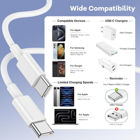 USB C Cable for iPhone 15 Charger Cord 6FT 3 Pack, 60W Woven USB C to C Replacement for iPhone 15