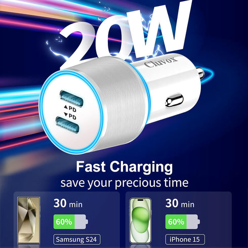 2 Pack 40W Fast USB C Car Charger Adapter for iPhone 15 Pro Max/Samsung Galaxy S24 Ultra, Dual 20W PD Port, White