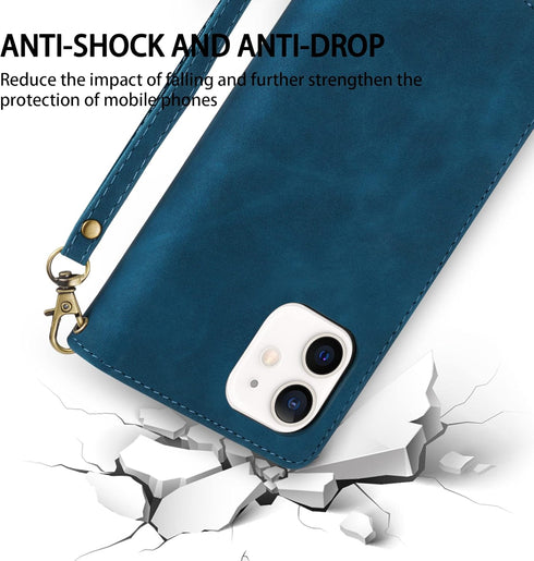 ZZXX for iPhone 12 Mini Wallet Case, Premium Soft PU Leather Zipper Flip Folio with Card Slot, Wrist Strap, Kickstand