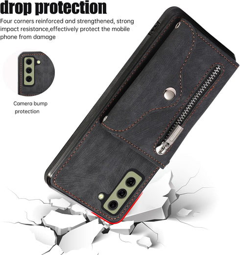 Phone Case for Samsung Galaxy S21 FE 5G, Wallet Cover with Tempered Glass Screen Protector and Credit Card Holder -