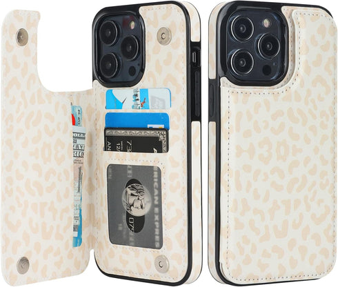 HAOPINSH iPhone 14 Pro Max Wallet Case with Card Holder, Cream-Coloured Leopard Cheetah Back Flip PU Leather Case