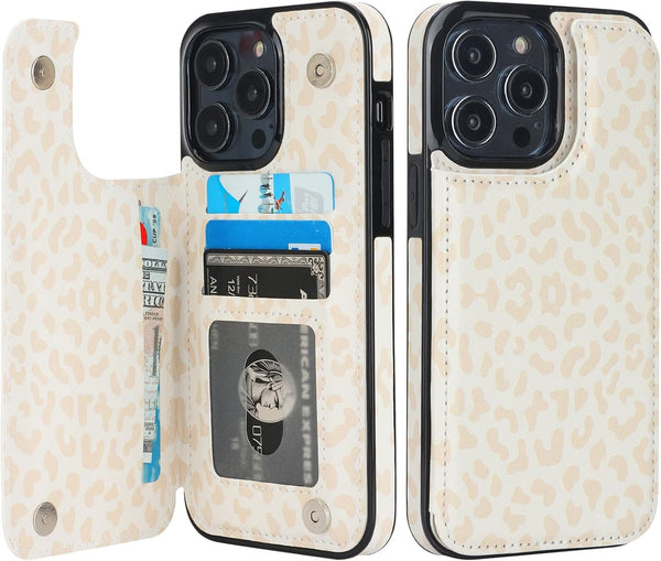 HAOPINSH iPhone 14 Pro Max Wallet Case with Card Holder, Cream-Coloured Leopard Cheetah Back Flip PU Leather Case