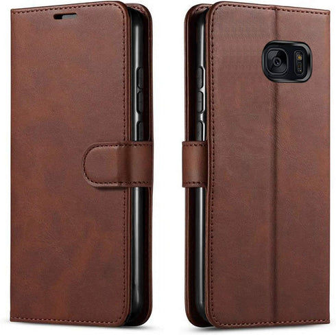 STARSHOP Samsung Galaxy S7 Phone Case Cover with Tempered Glass Screen Protector, PU Leather Wallet, Brown