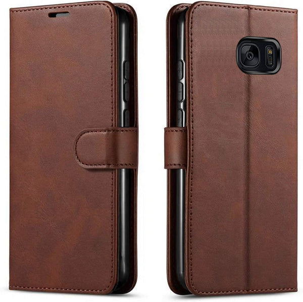 STARSHOP Samsung Galaxy S7 Phone Case Cover with Tempered Glass Screen Protector, PU Leather Wallet, Brown