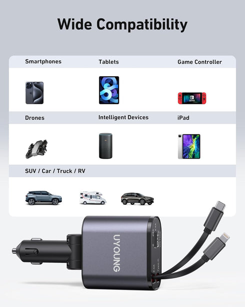iPhone Car Charger, Retractable Fast 100W Phone Charger 4 in 1 Adapter with 2 Cables and 2 USB Ports