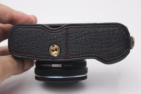 E-P7 Case, BolinUS Handmade Leather Half Camera Bag for Olympus Pen E-P7, Bottom Opening Version, Black