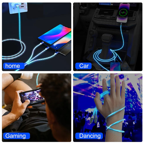 iPhone LED Light Up Flowing Charging Cable, 4Ft Multi 3 in 1 USB Universal Fast Charging Cord for Android/Apple