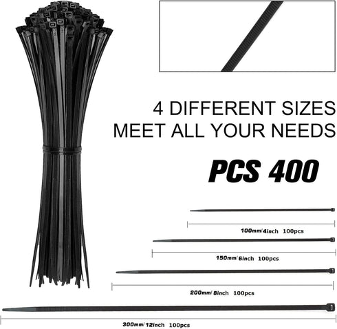 Cable Zip Ties, 400 Pack Black Assorted Sizes 12+8+6+4 Inch, Multi-Purpose Self-Locking Nylon for Home, Office, Garden