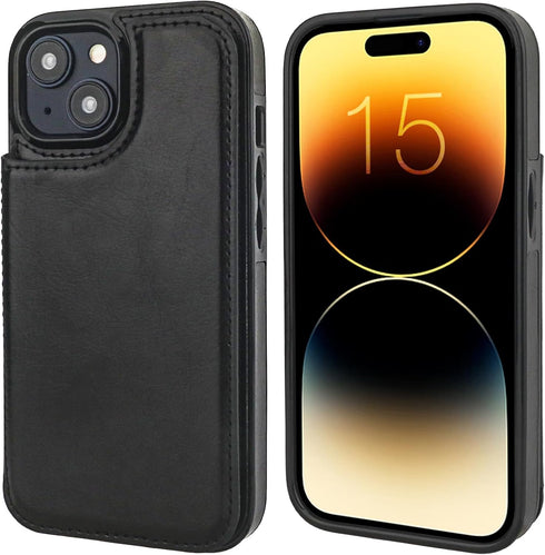 iPhone 15 Wallet Case with Card Holder, PU Leather Kickstand Cover, Double Magnetic Clasp, Shockproof 6.1 Inch