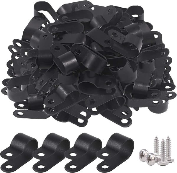 Glarks 120Pcs 1/2 Inch Black Nylon R-Type Cable Clip Wire Clamp with 120Pcs Screws for Wire, Cable, Conduit
