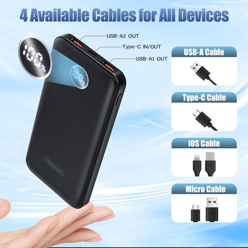 Byobyc 10000mAh 22.5W Pack Portable Charger, Compact Power Bank with Type-C Cable, Fast Charging External Battery