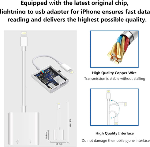 Lightning to USB Camera Adapter for iPhone, USB 3.0 Female OTG Cable for iPad to Connect Card Reader, USB Flash Drive