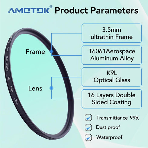 39mm Ultra-Slim UV Camera Filter, 16 Multi-Layer Coated HD/Scratch Resistant UV Filter for 39mm Camera Lens