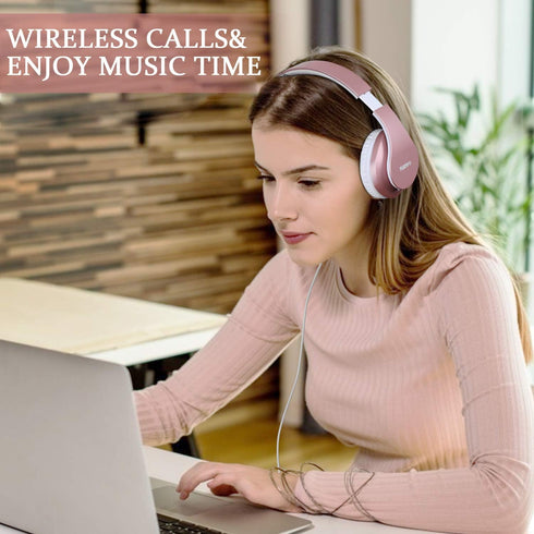 TUINYO Wireless Headphones Over Ear, Bluetooth Headphones with Microphone, Foldable Stereo Wireless Headset in Rose Gold