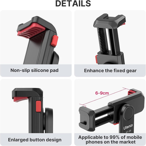 ULANZI ST-06S Phone Tripod Mount, Universal Smartphone Adapter with 2 Cold Shoe, 360° Rotating Clip Holder