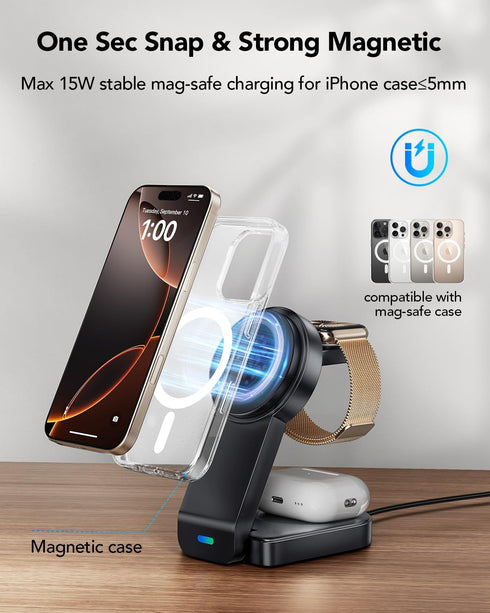 3 in 1 Wireless Charging Station Compatible with Apple, Foldable Magnetic Charger for iPhone 16/15/14/13/12, Apple