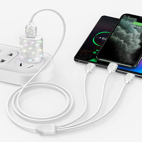 Bling USB Wall Charger with Charging Cable - Fast Block for iPhone Android, 3 in 1 Multi Cable with Crystal Decoration